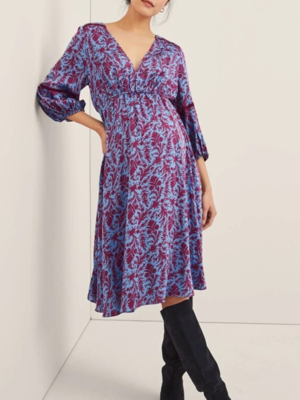 Hatch The Juliet V-Neck Maternity Dress in Purple and Light Blue